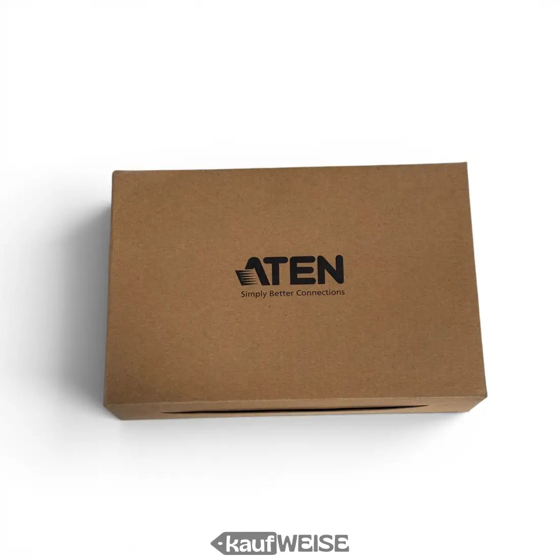 Brauner karton mit schwarzem aten logo und tagline für den aten vs0401 4 port vga switch mit audio und rs232