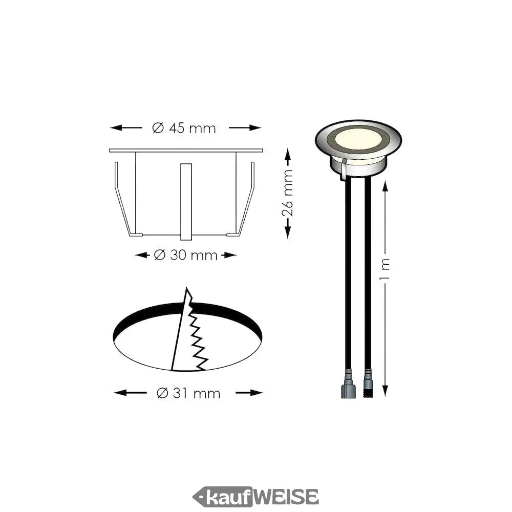 Recessed LED-Lichtstrahler mit Installationsmaßen für SOFIA Terrassenbeleuchtung Set