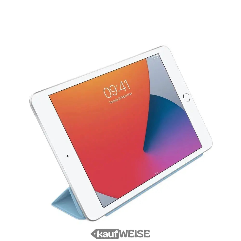 Weißes iPad mini mit bunter Bildschirm und Cornflower-Schutzcover
