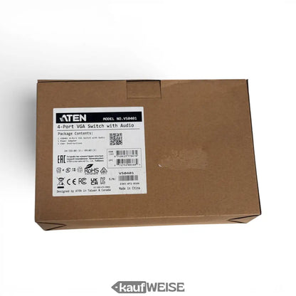 Brauner karton mit aten 4-port vga switch mit audio und rs-232 auf weißem aufkleber und barcode