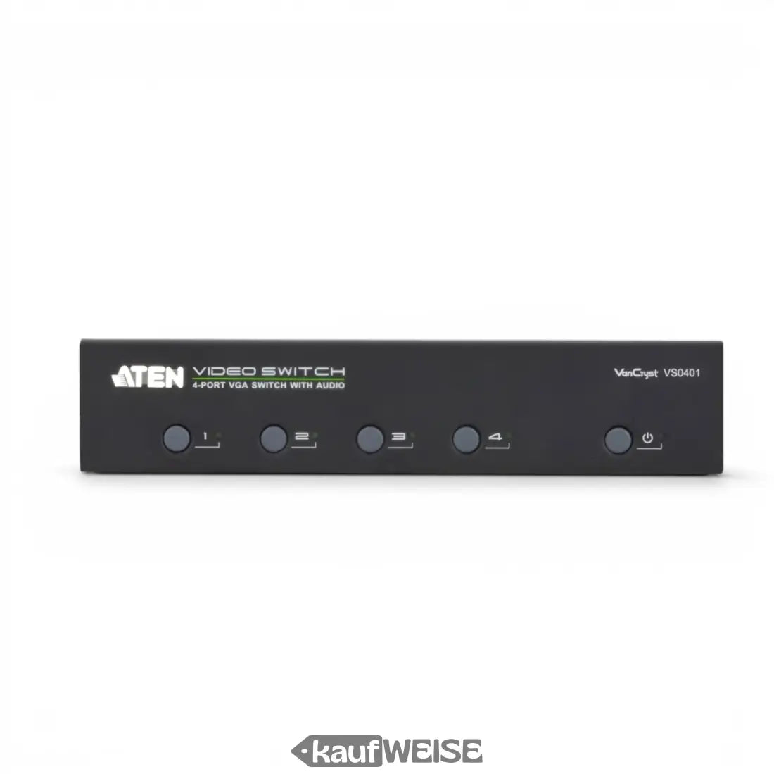 Schwarzer aten vs0401 4-port vga switch mit audio und rs-232, vier nummerierte eingangstasten und netzschalter vorne