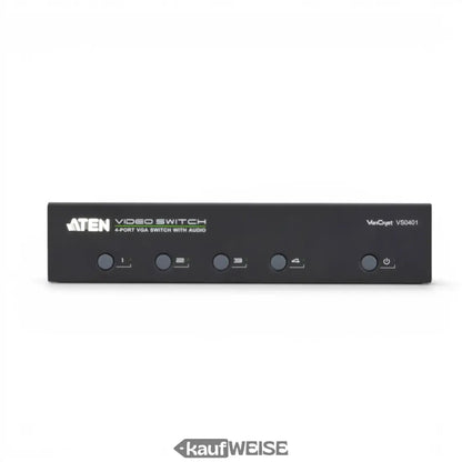 Schwarzer aten vs0401 4-port vga switch mit audio und rs-232, vier nummerierte eingangstasten und netzschalter vorne