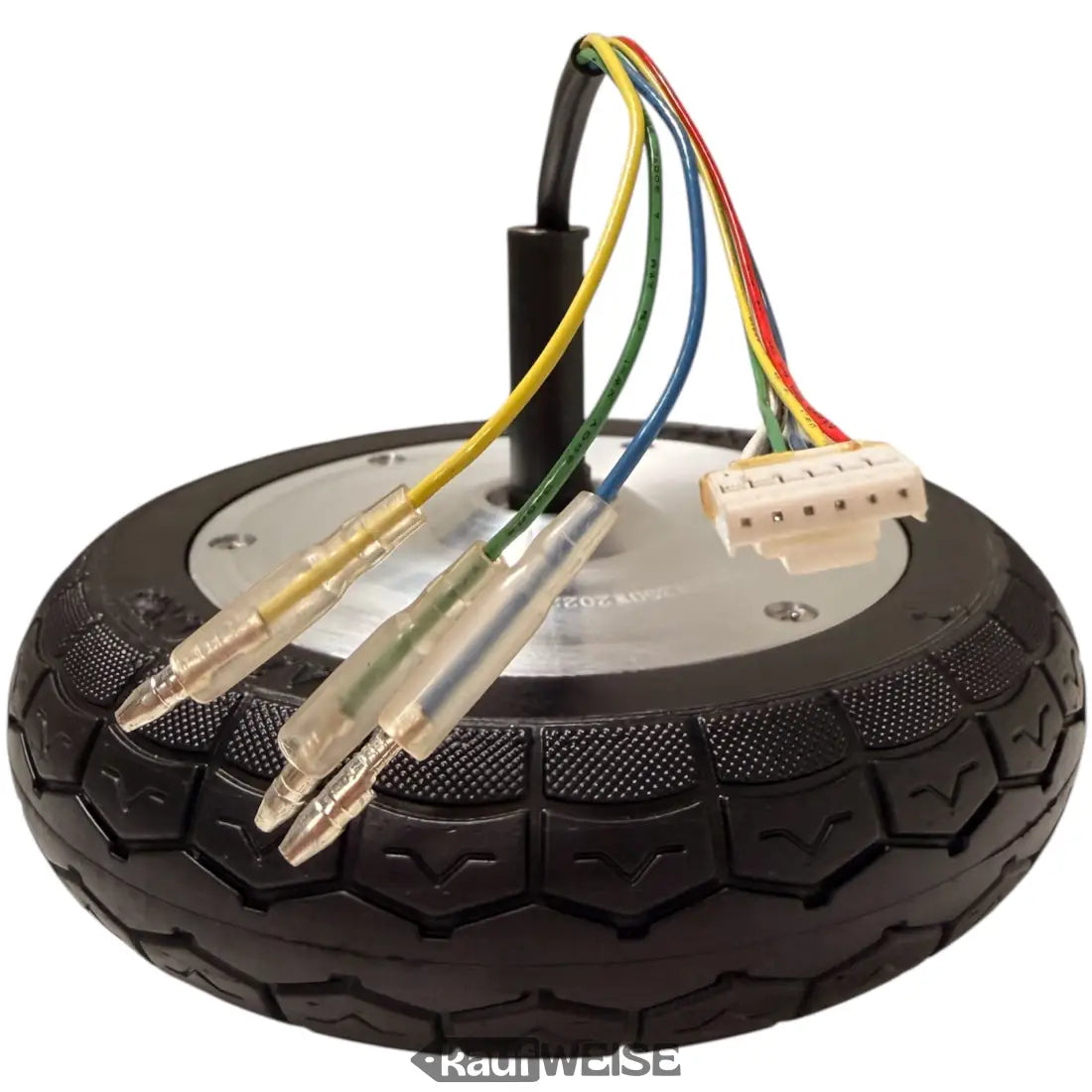 Silberner E-Scooter-Hubmotor 36V 350W mit schwarzem Vollgummireifen und bunten Kabeln