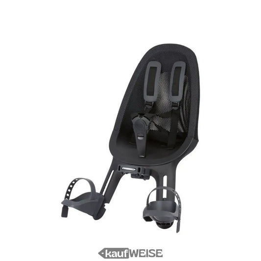 Schwarzer Front-Kindersitz für Fahrrad mit Fünf-Punkt-Gurt und verstellbaren Fußstützen