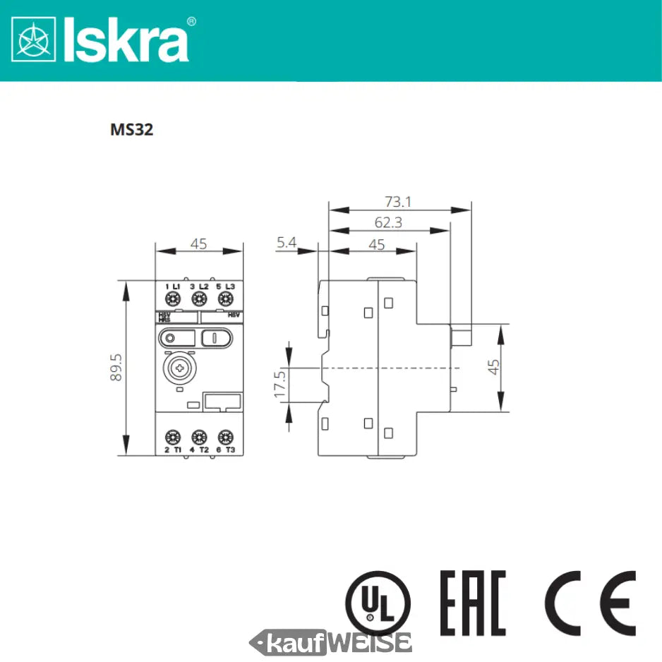 Iskra MS32-32 Motorschutzschalter, 25-32A, 3-polig, 15kW, kompakt schwarz-silbern