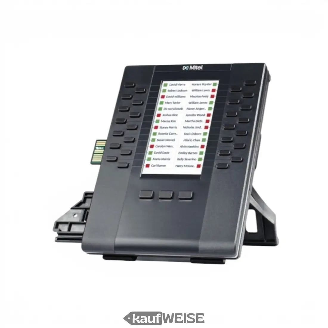 Schwarzes kunststoff mitel m695 konferenztelefon mit lcd-display zeigt kontaktname und statusanzeigen