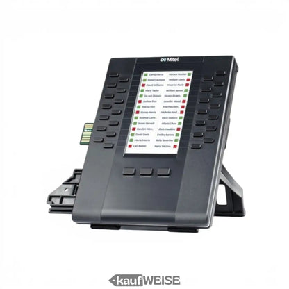 Schwarzes kunststoff mitel m695 konferenztelefon mit lcd-display zeigt kontaktname und statusanzeigen