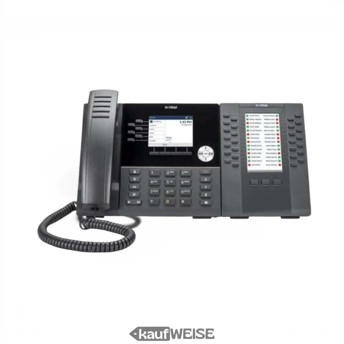 Schwarzes plastikbürotelefon mit touchscreen und mehreren tasten mit mitel m695 lcd-erweiterungsmodul für mitel 6900