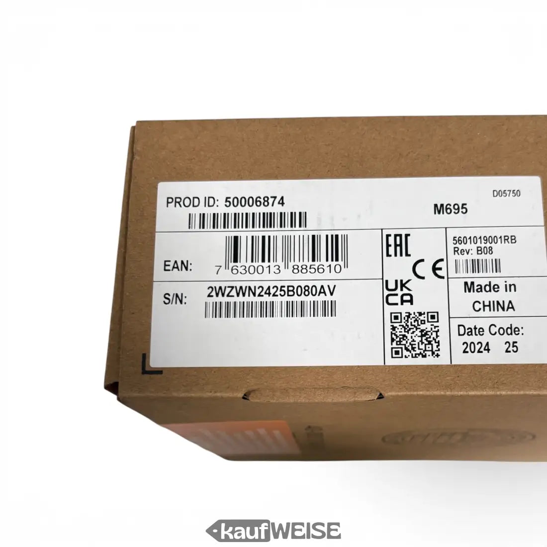 Brauner karton mit weißem etikett zeigt mitel m695 lcd-erweiterungsmodul für mitel 6900 mit produktdetails