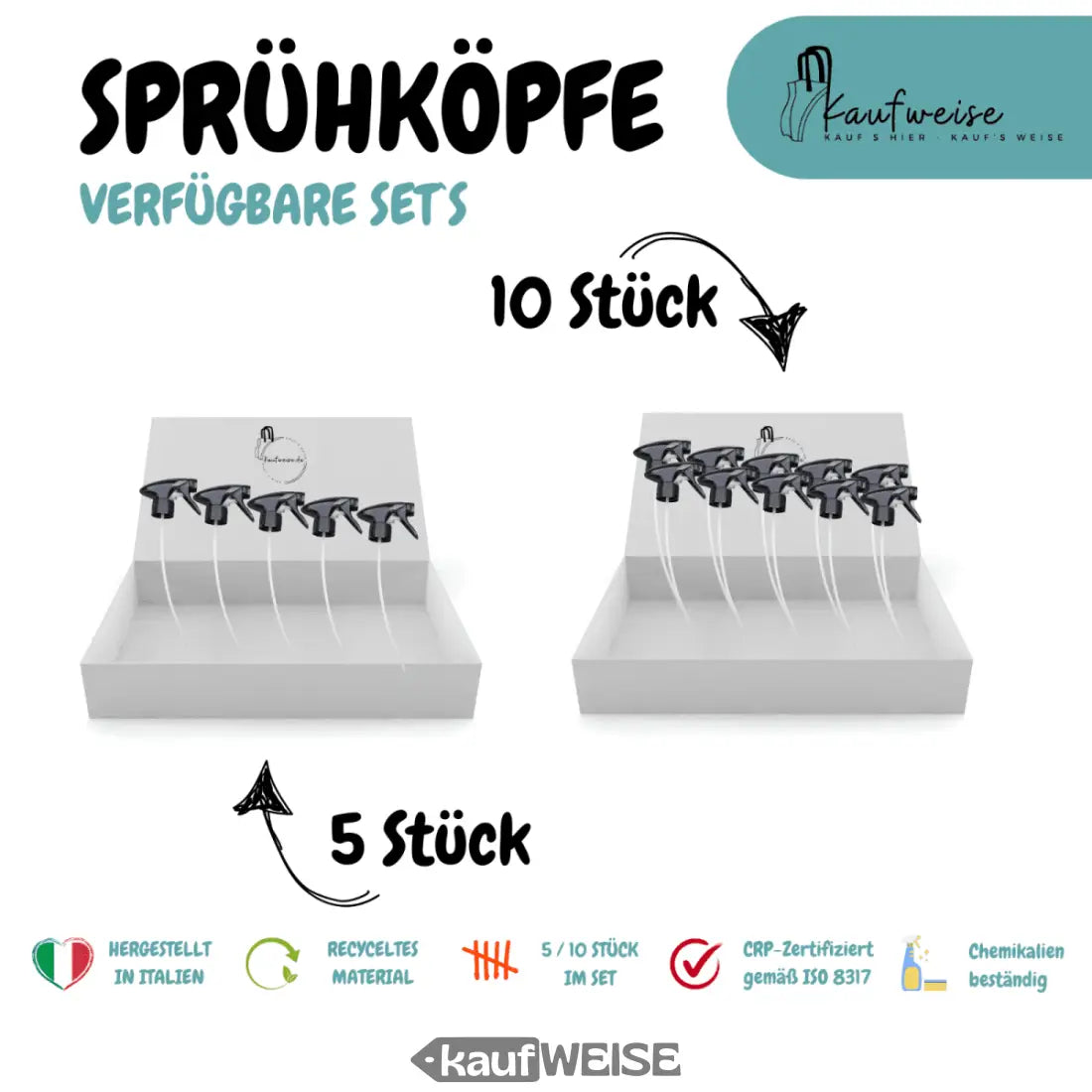 Sprühkopf 10er Set aus recyceltem Material in Schwarz für Leer- & Sprühflaschen