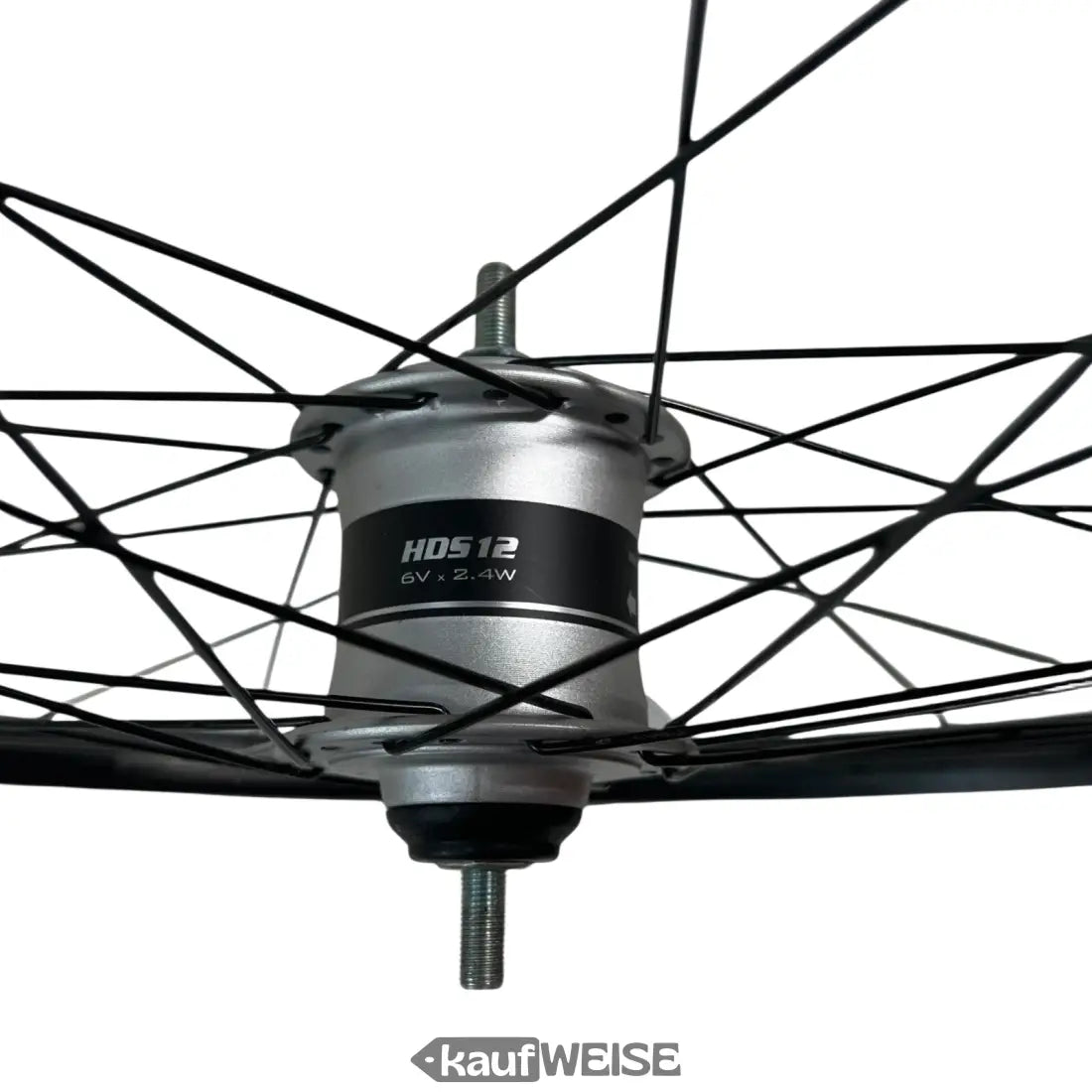 Silberner und schwarzer Sturmey Archer HDS12 Nabendynamo-Hub für 26’’ Rad, fertig eingespeicht